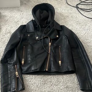 Leather jacket with removable hood